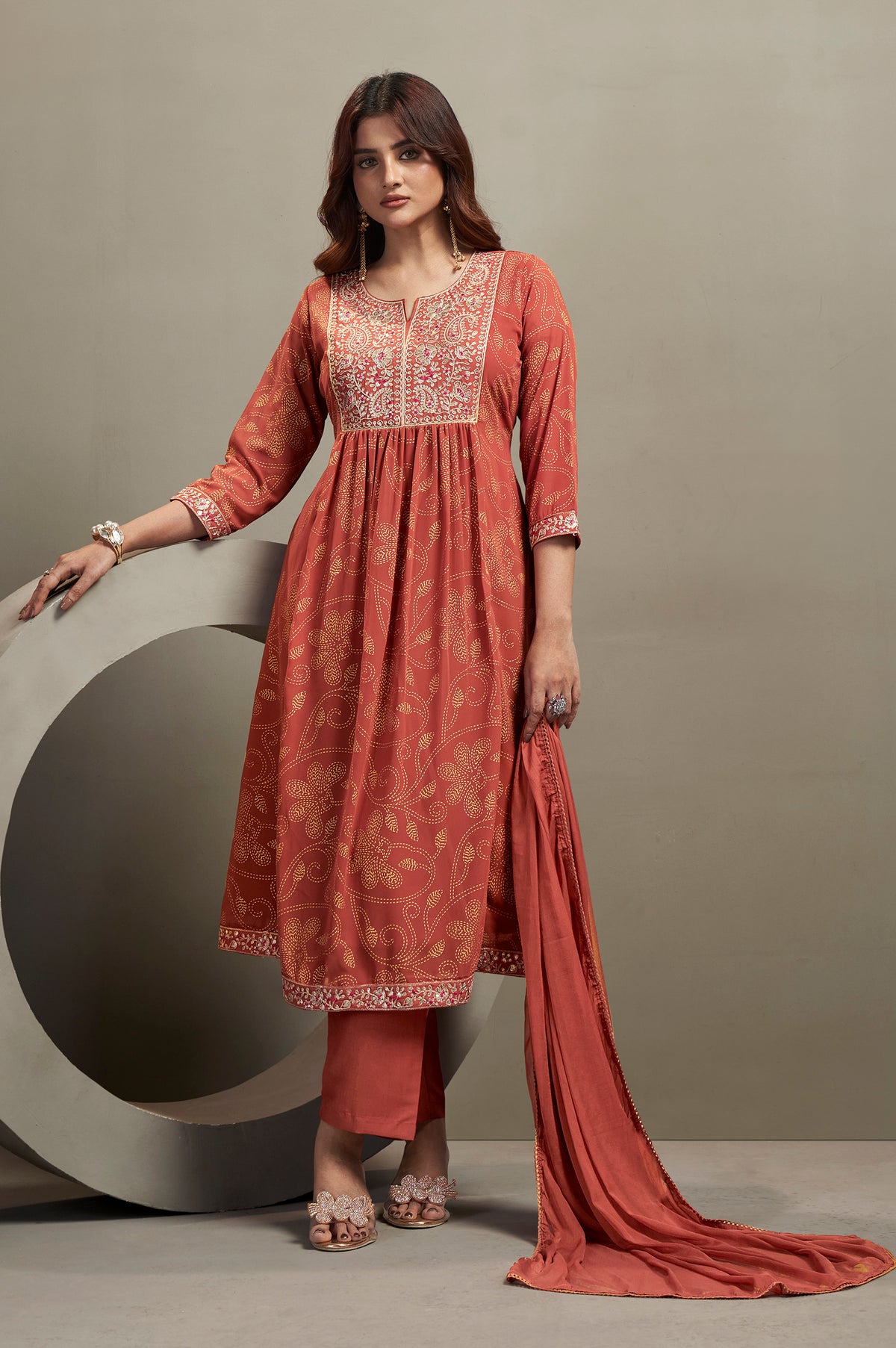 Orange georgette embroidered straight kurta set with matching pants and dupatta for women
