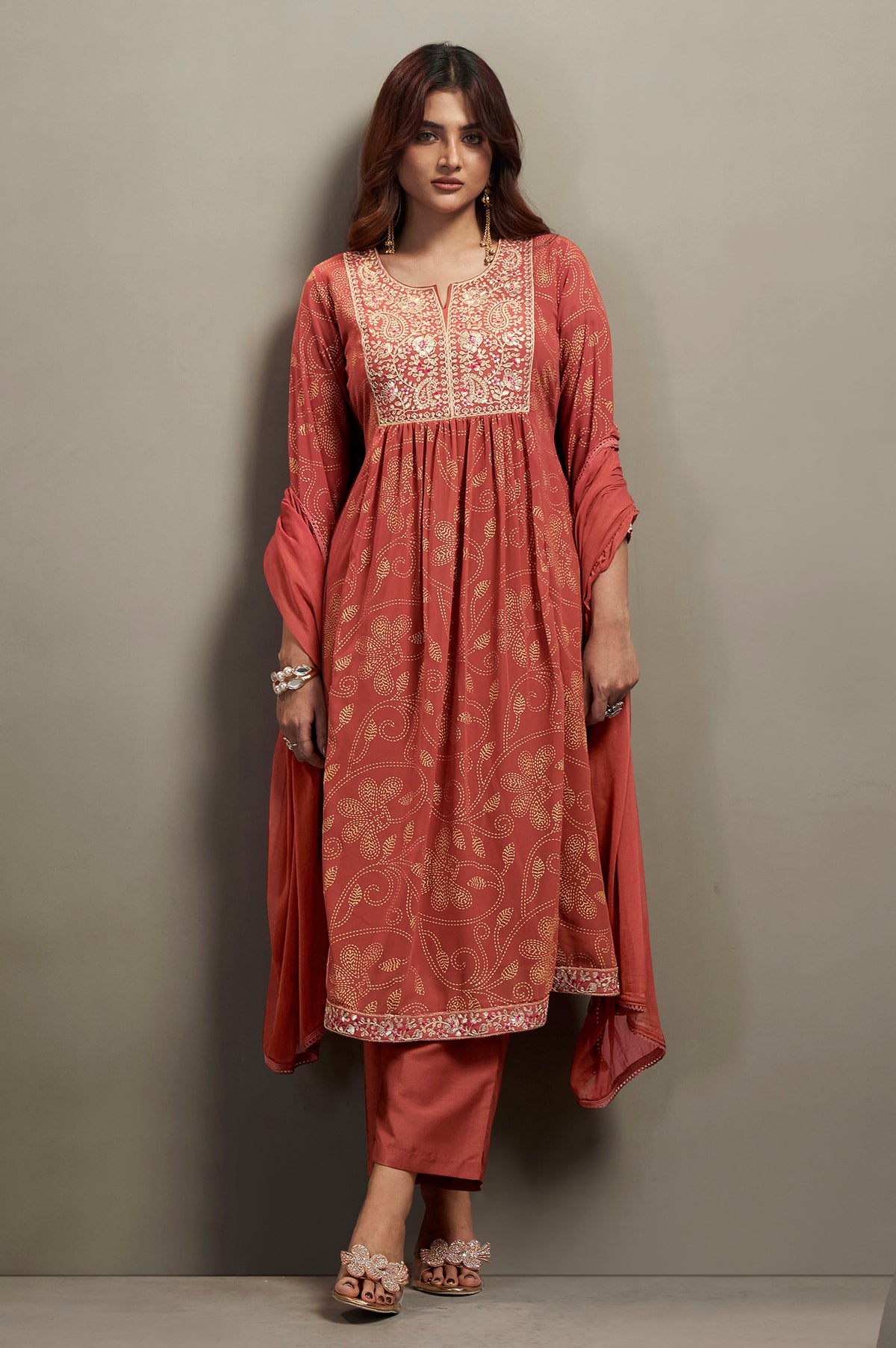 Orange Georgette Embroidered Straight Kurta Set