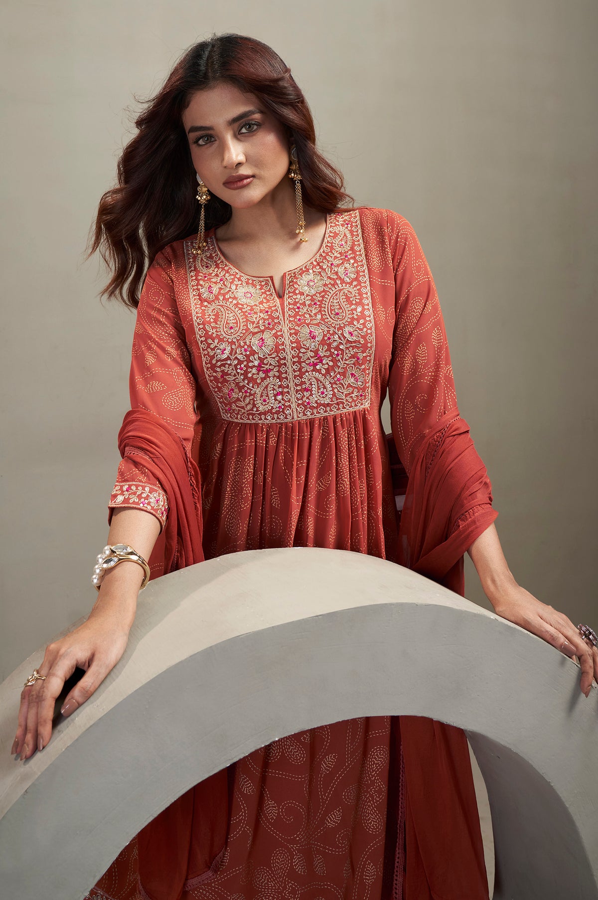 Orange Georgette Embroidered Straight Kurta Set