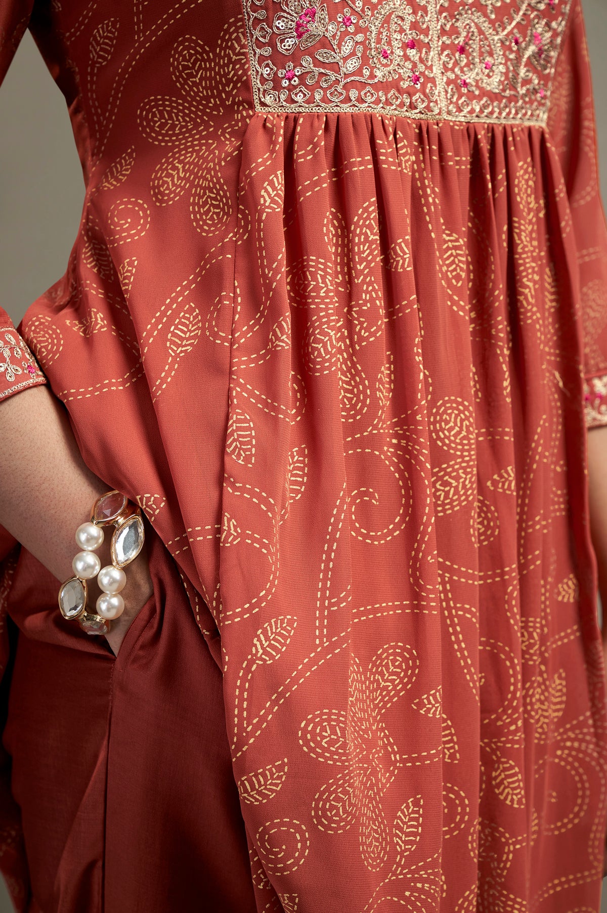 Orange Georgette Embroidered Straight Kurta Set
