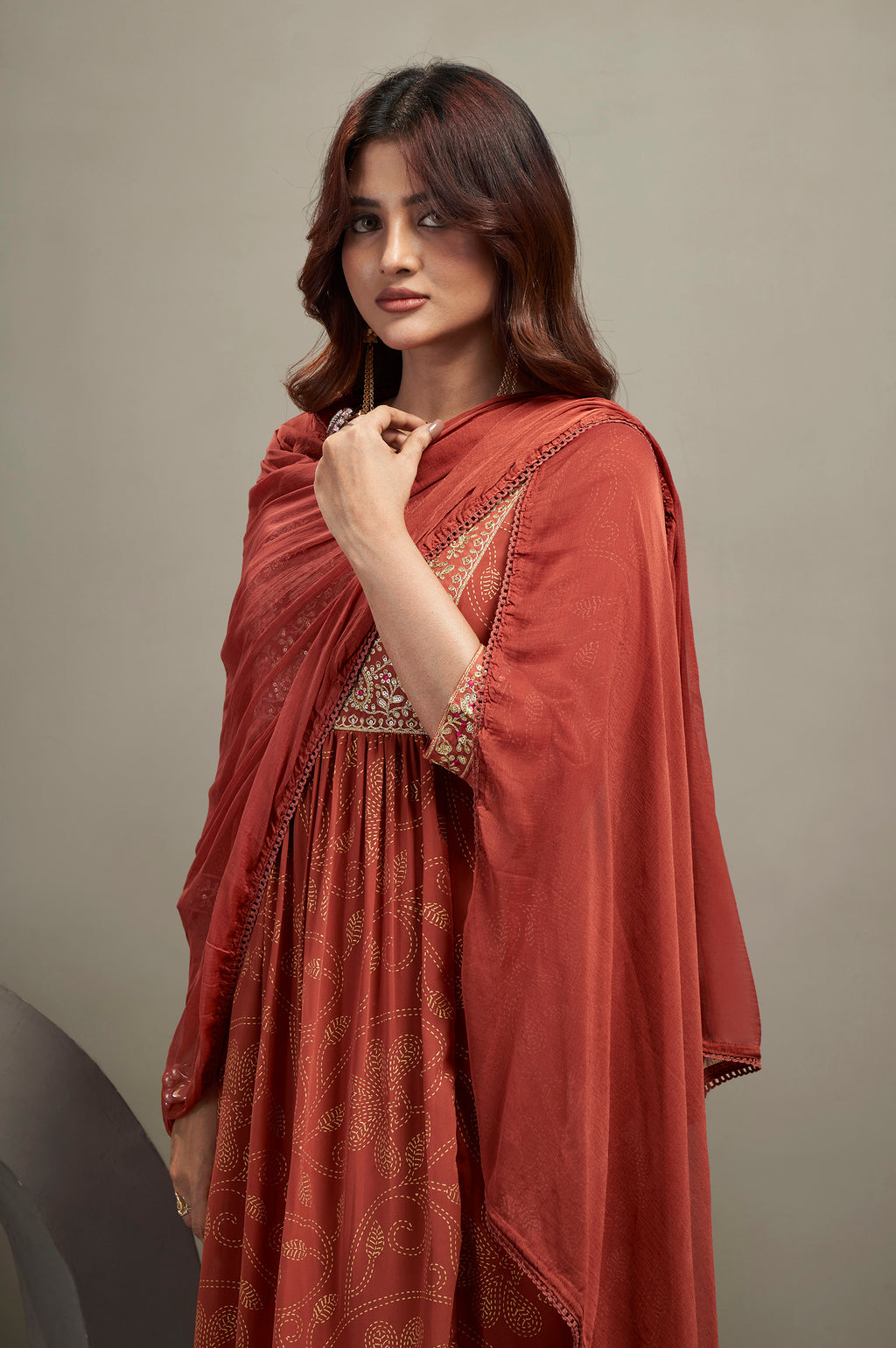 Orange Georgette Embroidered Straight Kurta Set