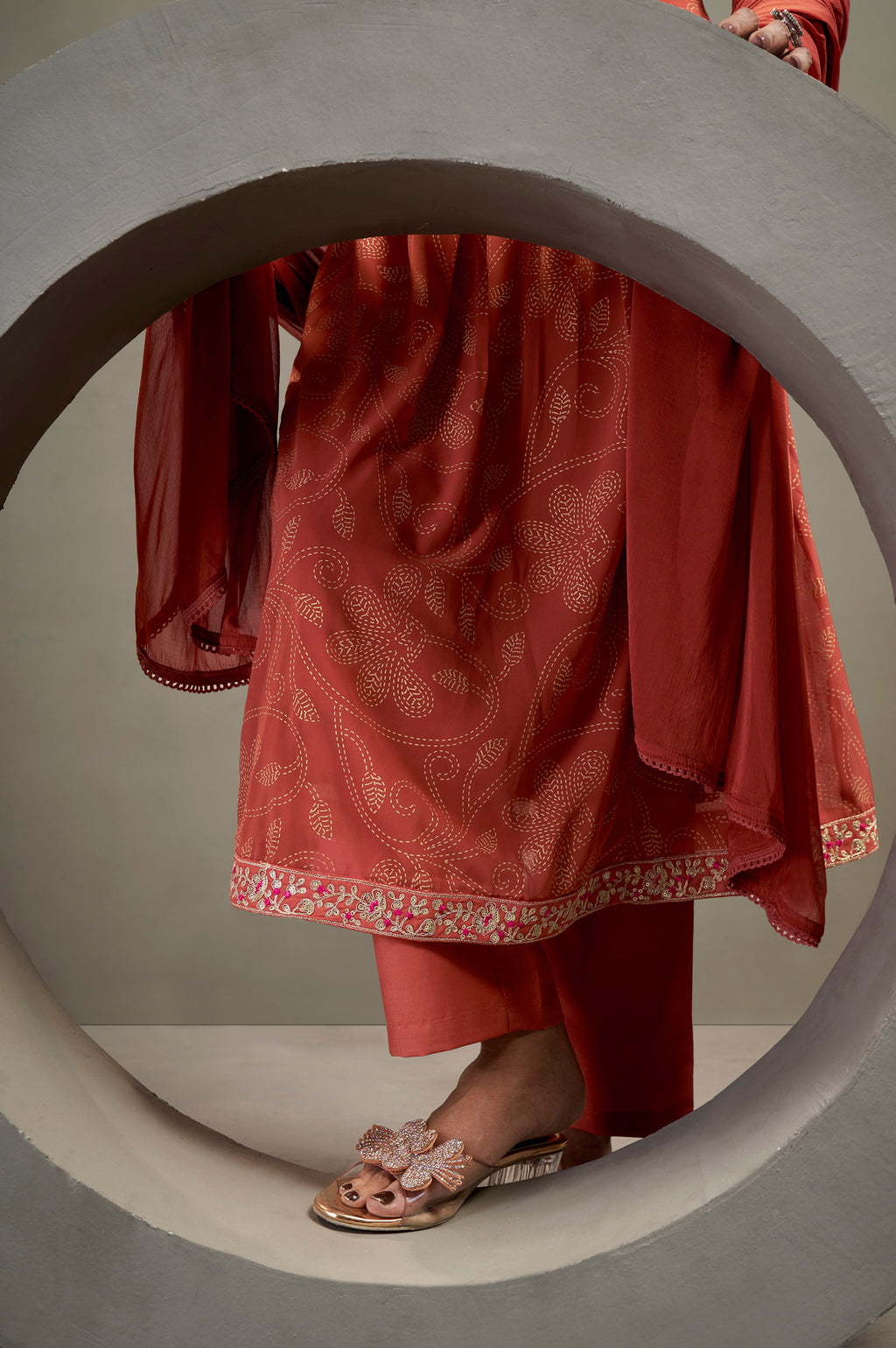 Orange Georgette Embroidered Straight Kurta Set
