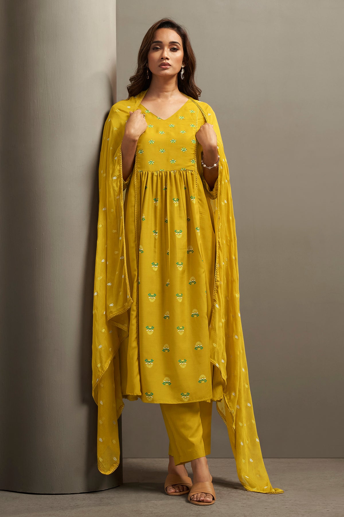 Mustard yellow cotton printed flared kurta set with dupatta for women