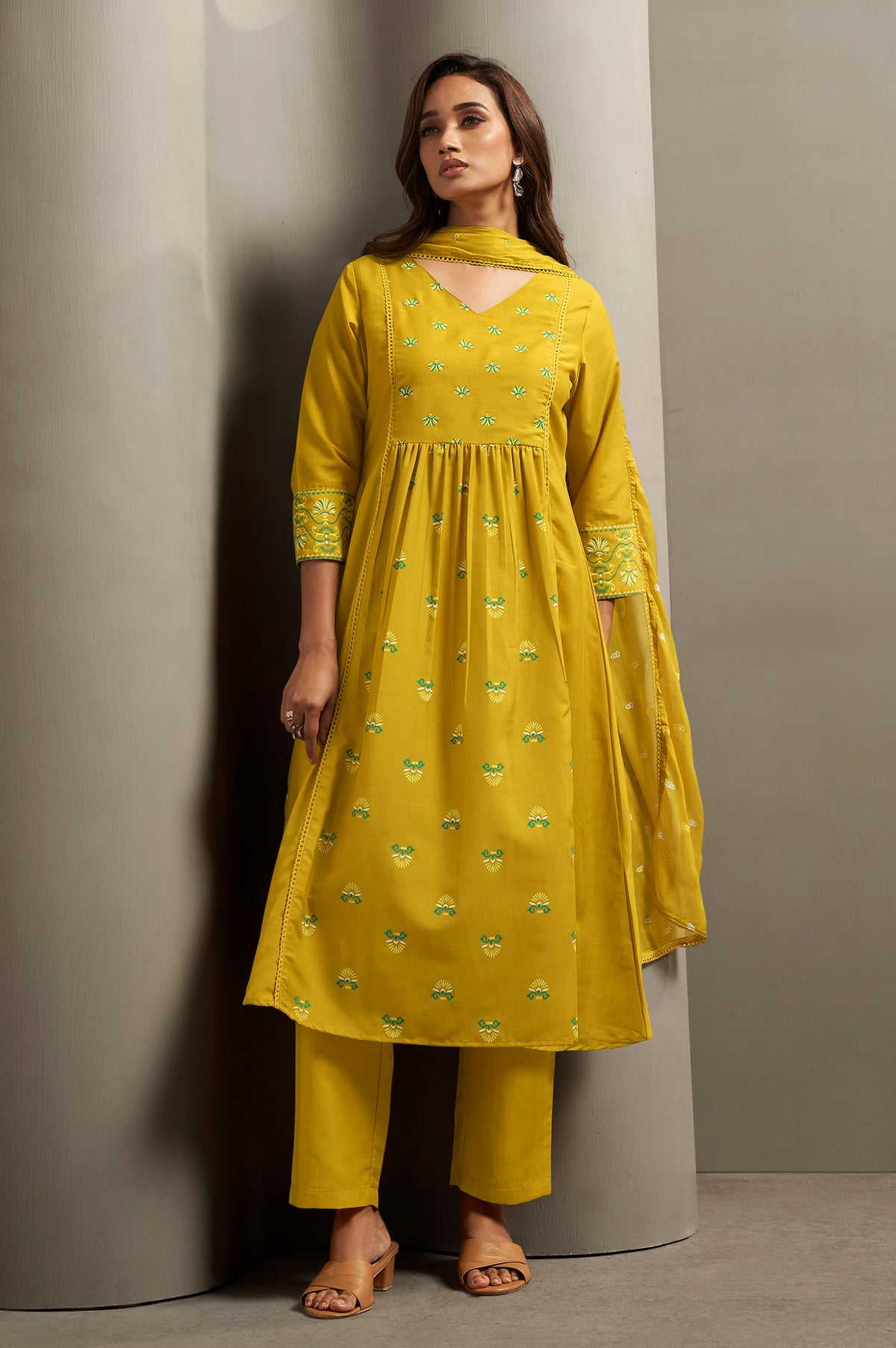 Mustard Yellow Cotton Printed Flared Kurta Set