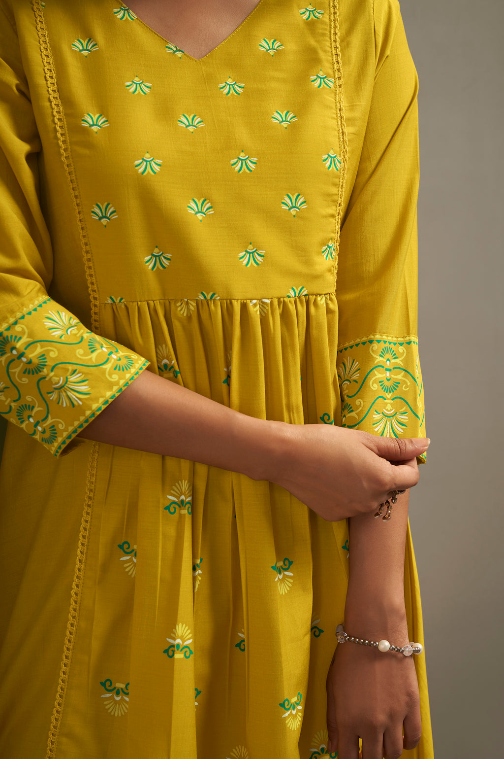 Mustard Yellow Cotton Printed Flared Kurta Set