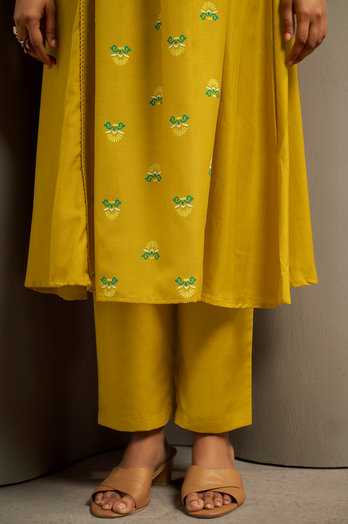 Mustard Yellow Cotton Printed Flared Kurta Set