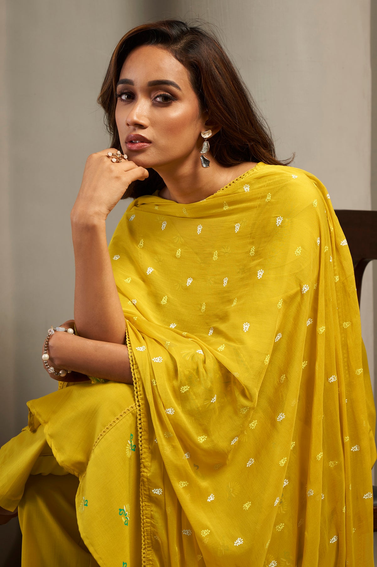 Mustard Yellow Cotton Printed Flared Kurta Set
