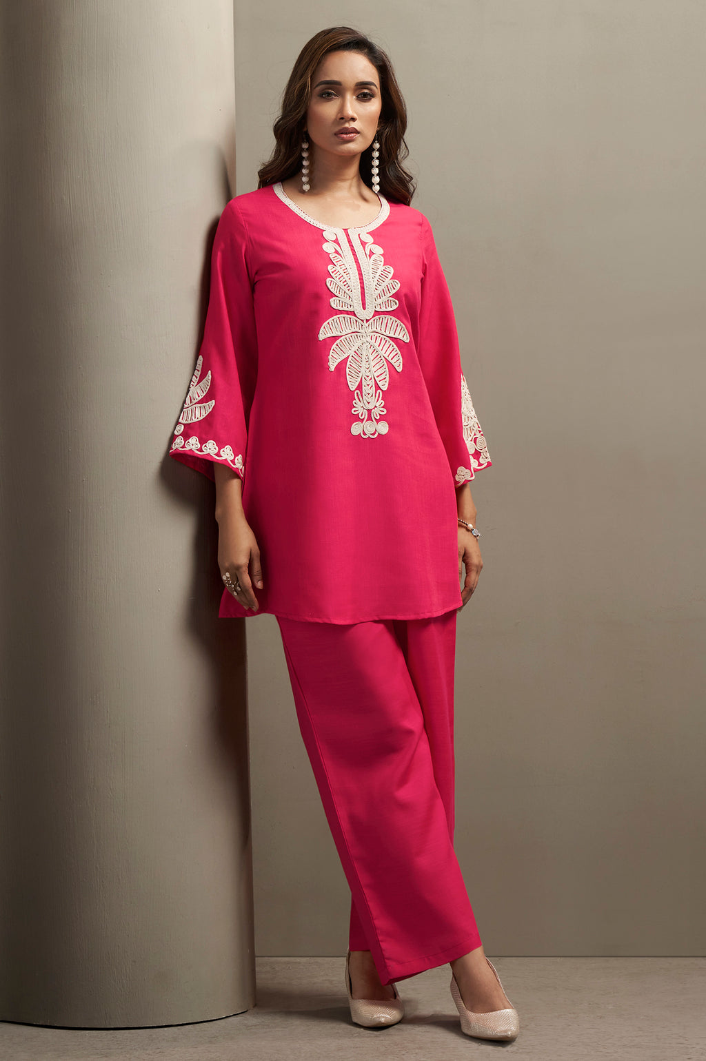 Pink embroidered co-ord set for women with floral top and matching pants