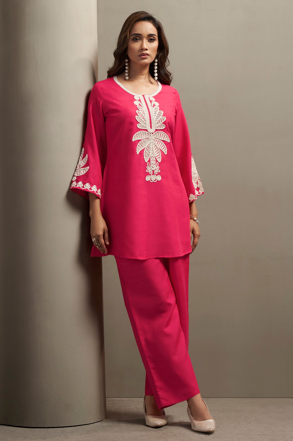 Pink embroidered co-ord set for women with floral top and matching pants