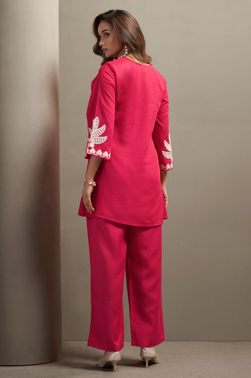 Coffee Cotton Blend Floral Embroidered Co-ord Set