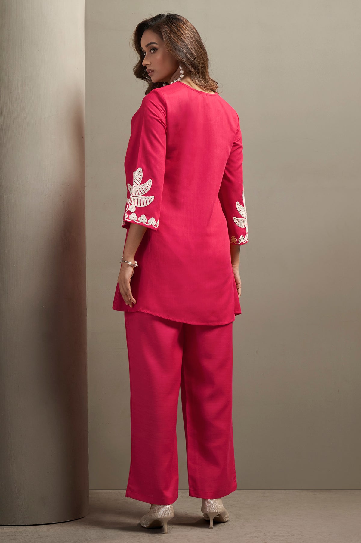Coffee Cotton Blend Floral Embroidered Co-ord Set