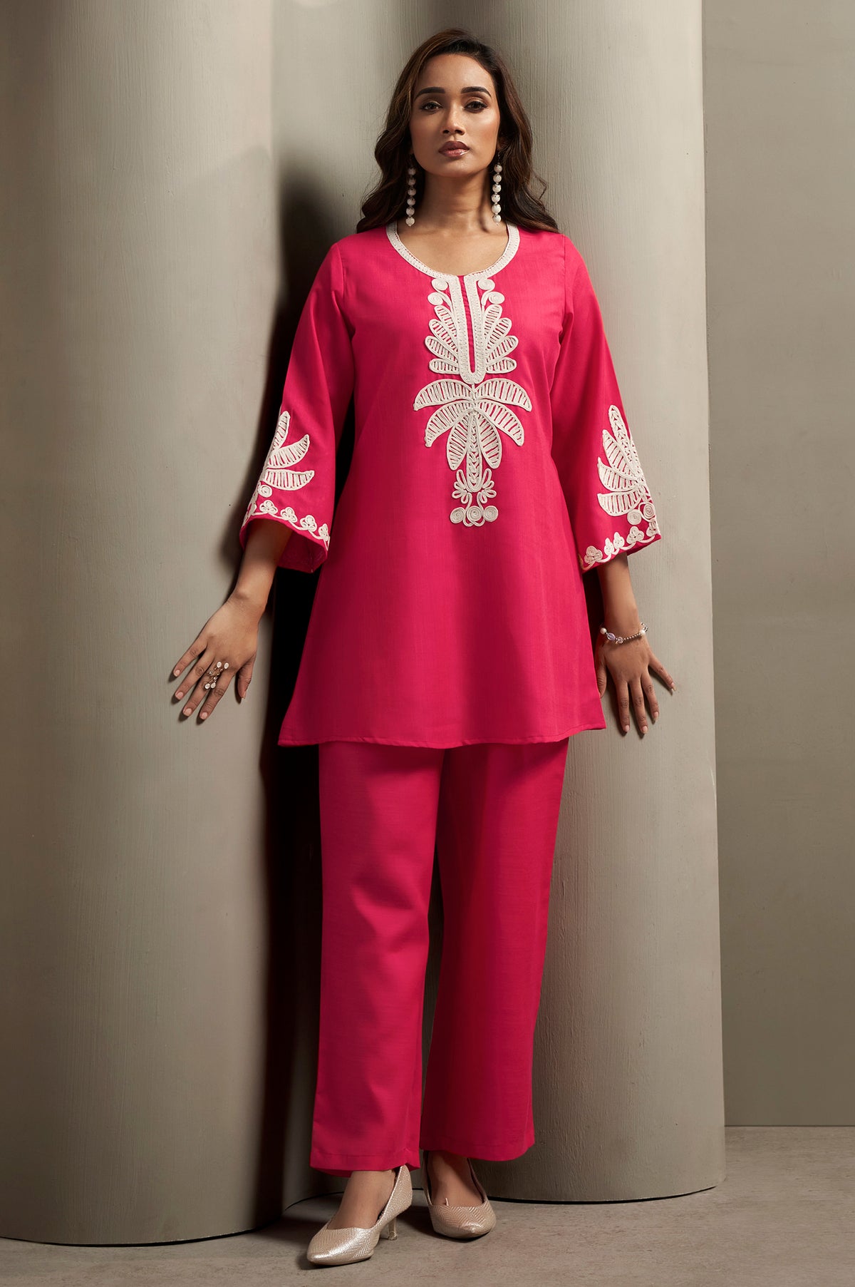 Coffee Cotton Blend Floral Embroidered Co-ord Set