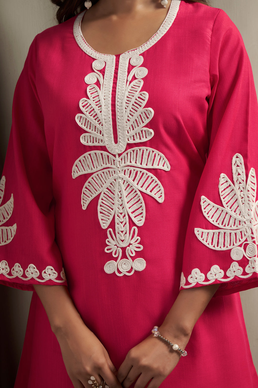 Coffee Cotton Blend Floral Embroidered Co-ord Set
