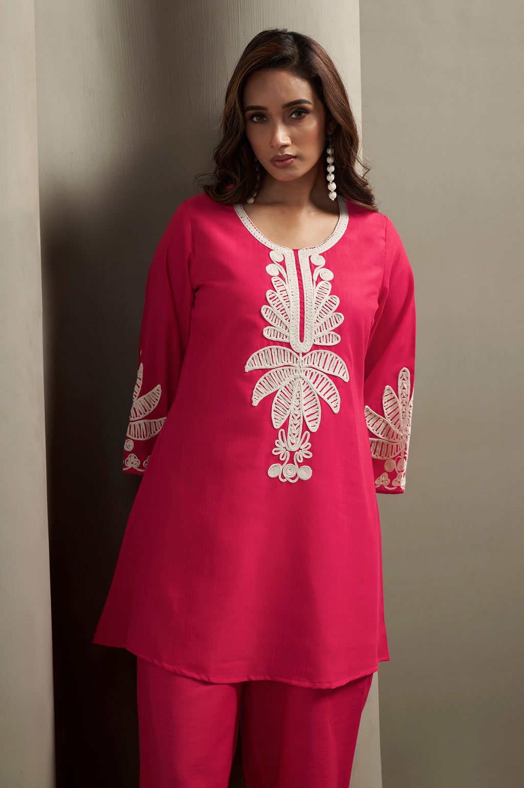 Coffee Cotton Blend Floral Embroidered Co-ord Set