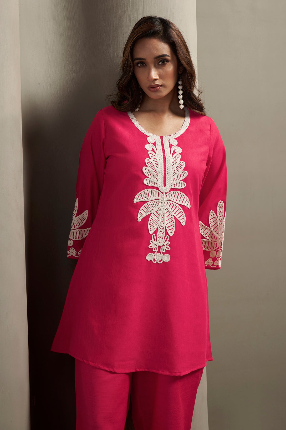 Coffee Cotton Blend Floral Embroidered Co-ord Set