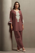 Coffee brown embroidered co-ord set for women with floral top and matching pants