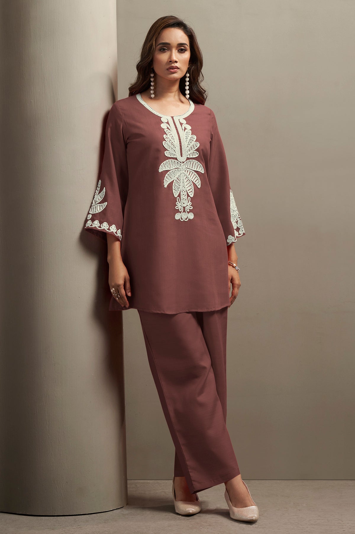 Coffee brown embroidered co-ord set for women with floral top and matching pants
