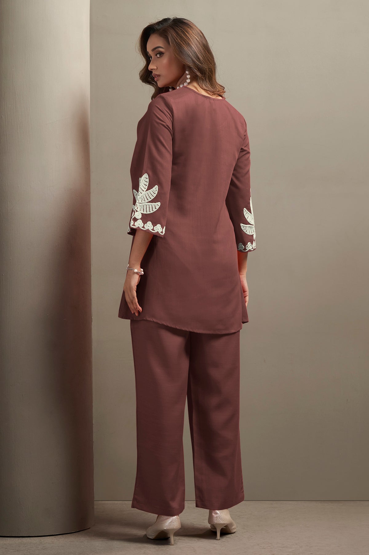 Coffee Cotton Blend Floral Embroidered Co-ord Set