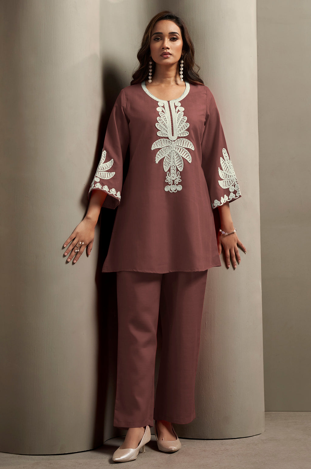 Coffee Cotton Blend Floral Embroidered Co-ord Set