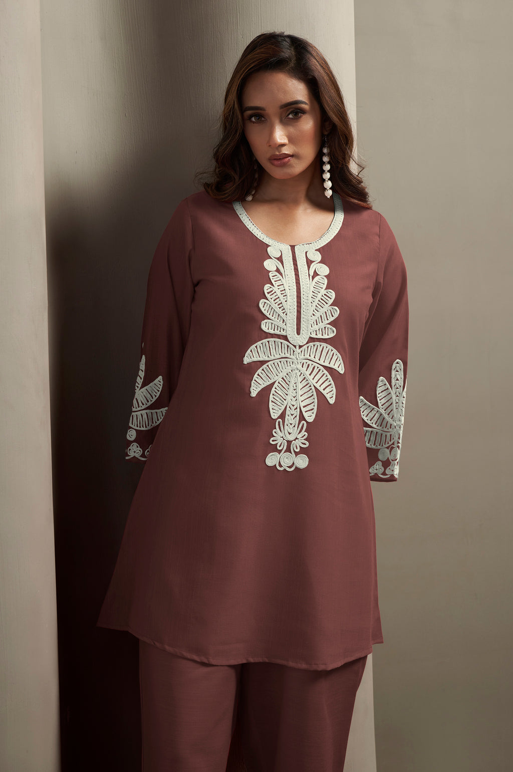 Coffee Cotton Blend Floral Embroidered Co-ord Set