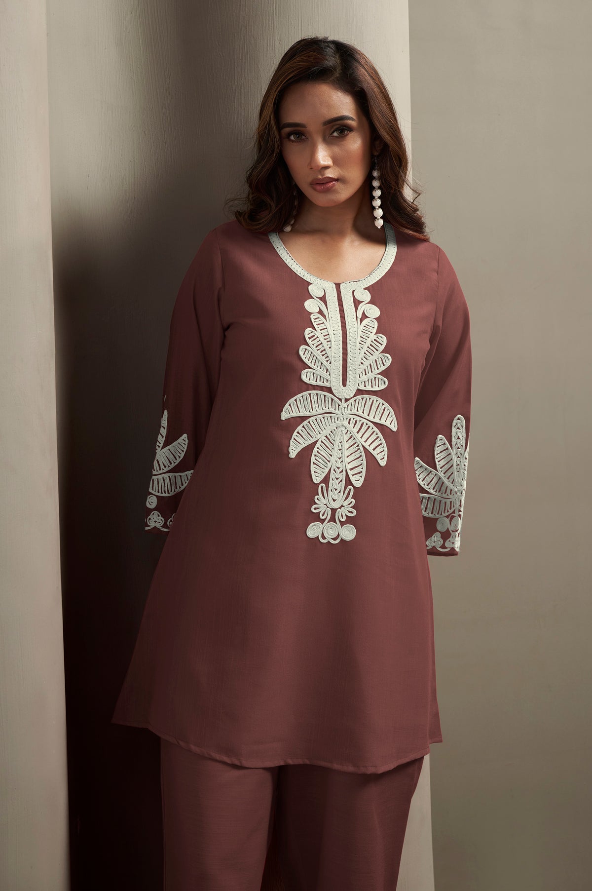 Coffee Cotton Blend Floral Embroidered Co-ord Set