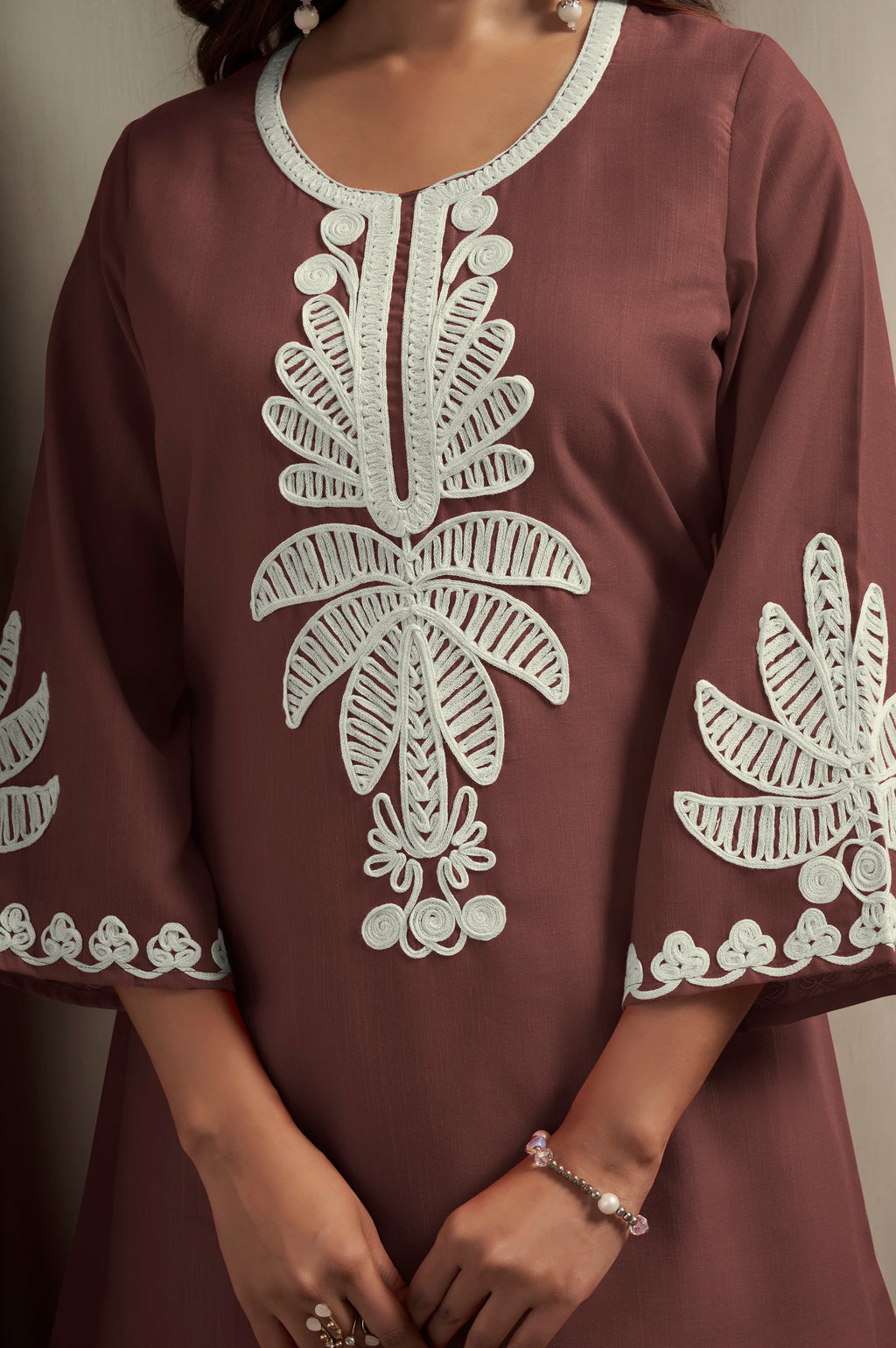 Coffee Cotton Blend Floral Embroidered Co-ord Set