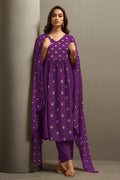 Wine cotton ethnic printed flared kurta set with dupatta for women