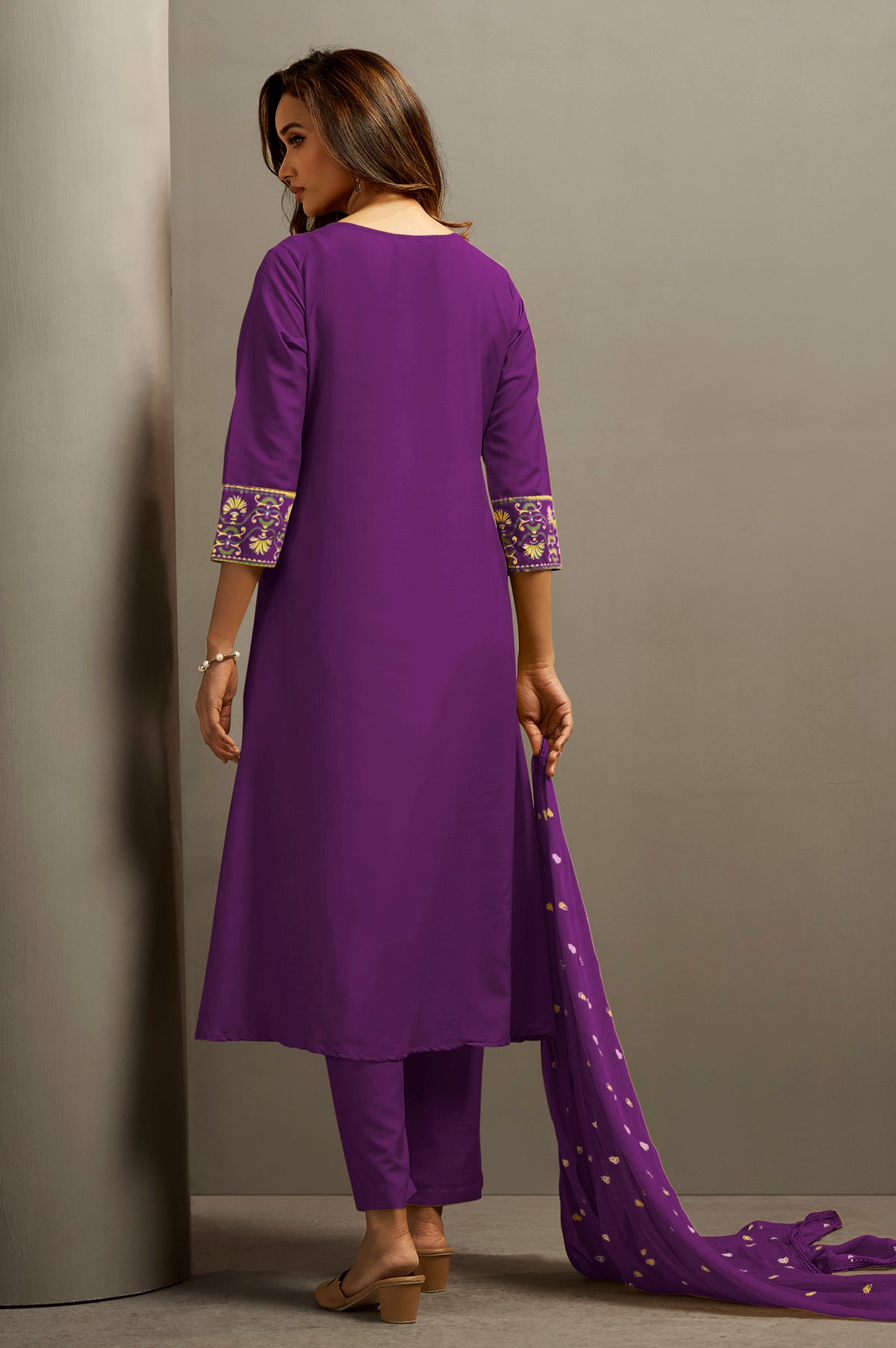 Wine Cotton Printed Flared Kurta Set