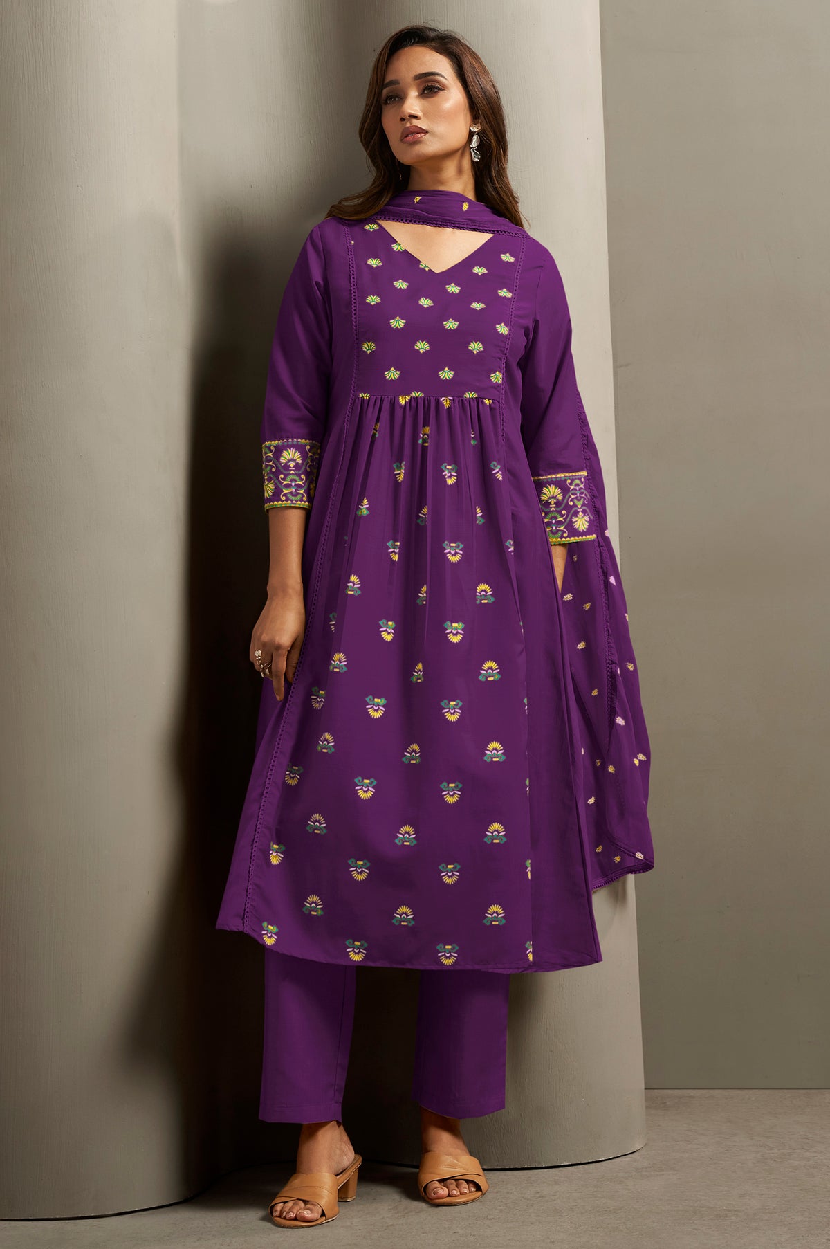 Wine Cotton Printed Flared Kurta Set