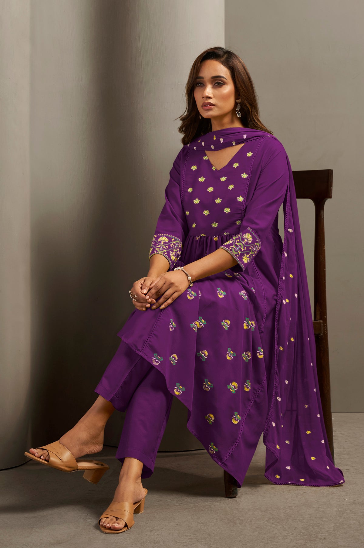 Wine Cotton Printed Flared Kurta Set