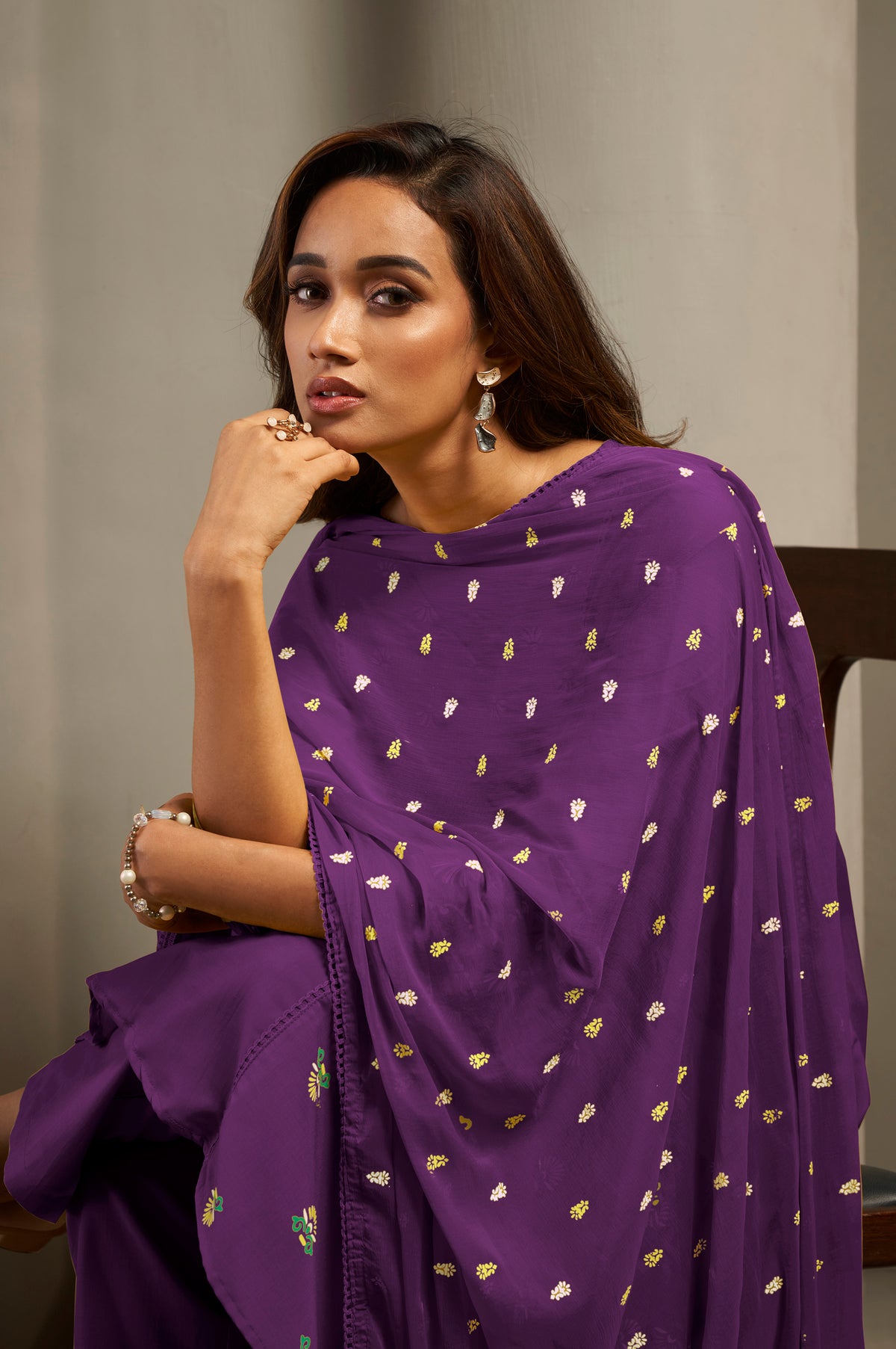 Wine Cotton Printed Flared Kurta Set