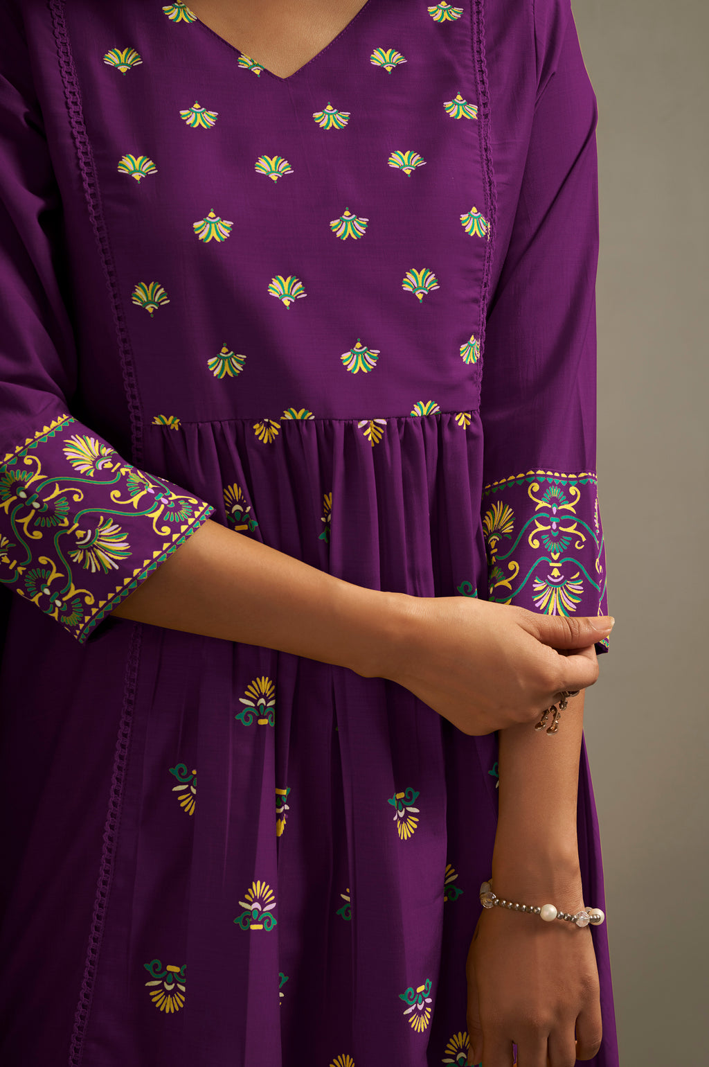 Wine Cotton Printed Flared Kurta Set