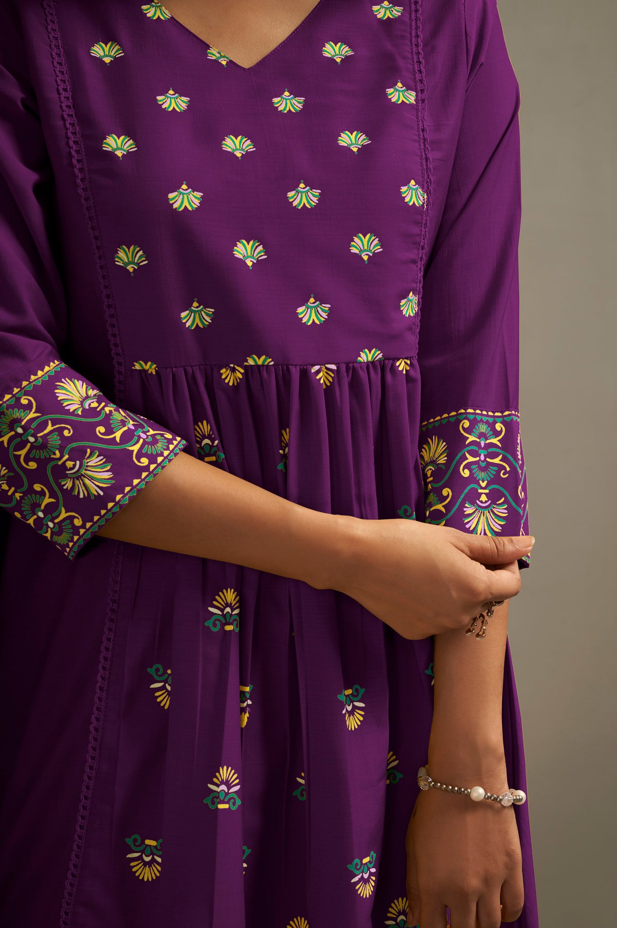 Wine Cotton Printed Flared Kurta Set
