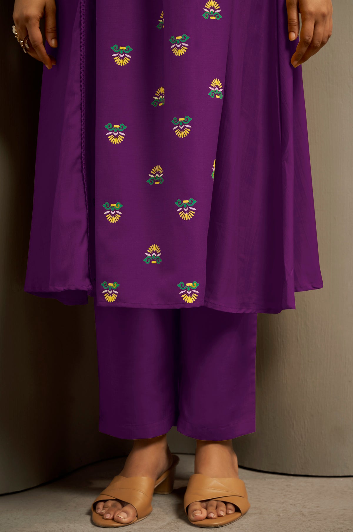 Wine Cotton Printed Flared Kurta Set