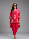 Pink embroidered co-ord set for women with designer top and tulip pants