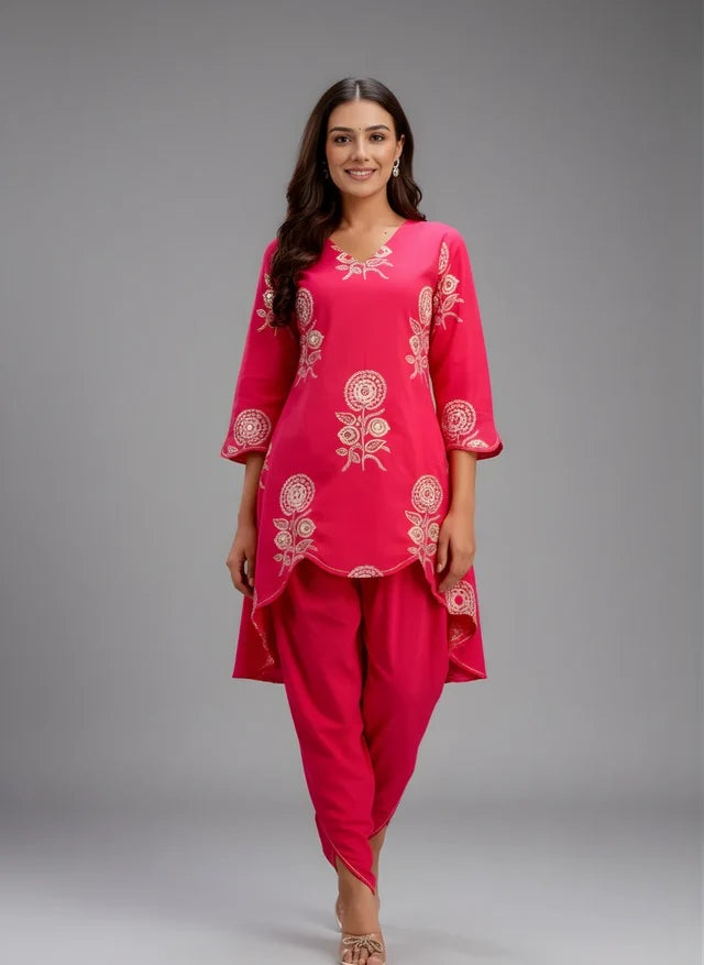 Pink embroidered co-ord set for women with designer top and tulip pants