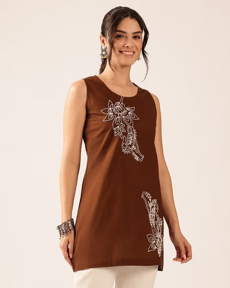 Women’s Teal Blue Embroidered Cotton Sleeveless Top