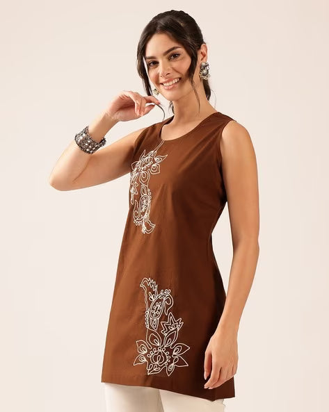 Women’s Teal Blue Embroidered Cotton Sleeveless Top