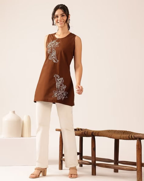 Women’s Teal Blue Embroidered Cotton Sleeveless Top
