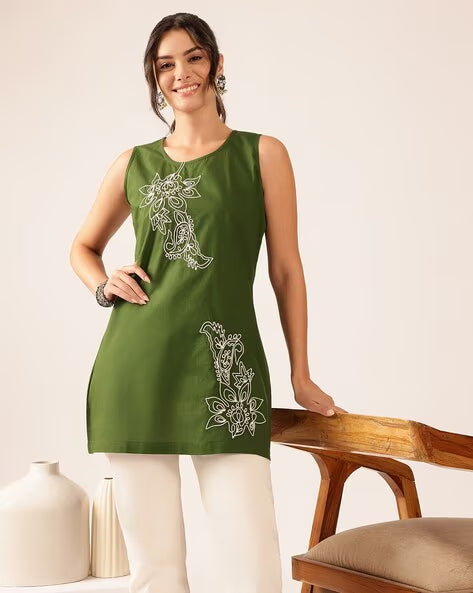 Women’s Teal Blue Embroidered Cotton Sleeveless Top