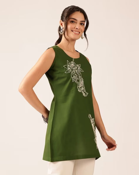 Women’s Teal Blue Embroidered Cotton Sleeveless Top