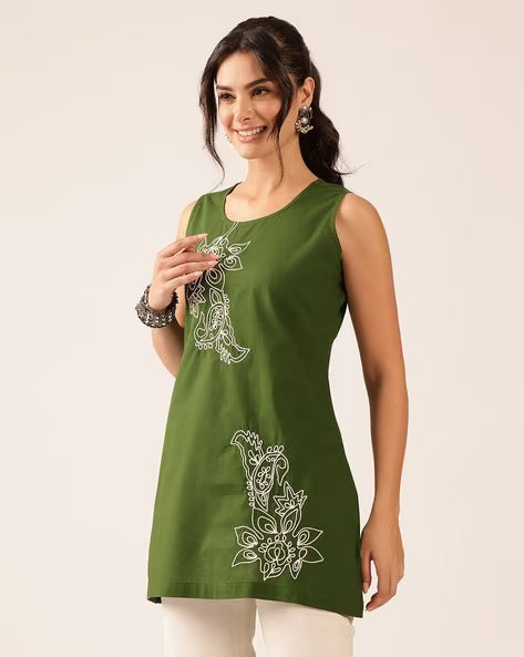 Women’s Teal Blue Embroidered Cotton Sleeveless Top