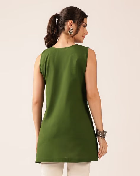 Women’s Teal Blue Embroidered Cotton Sleeveless Top