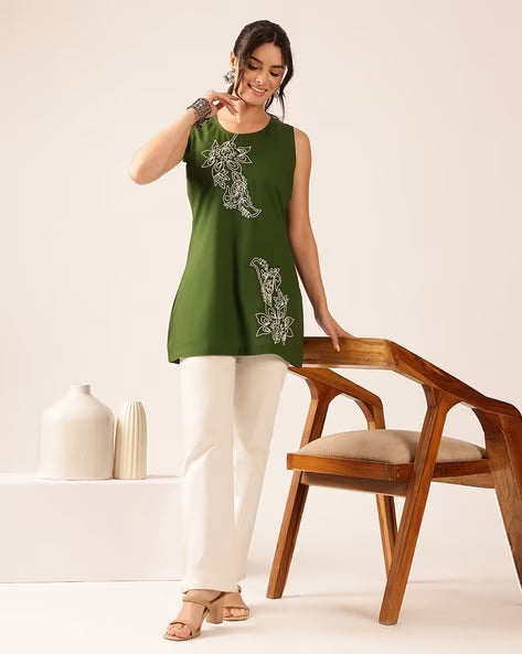 Women’s Teal Blue Embroidered Cotton Sleeveless Top