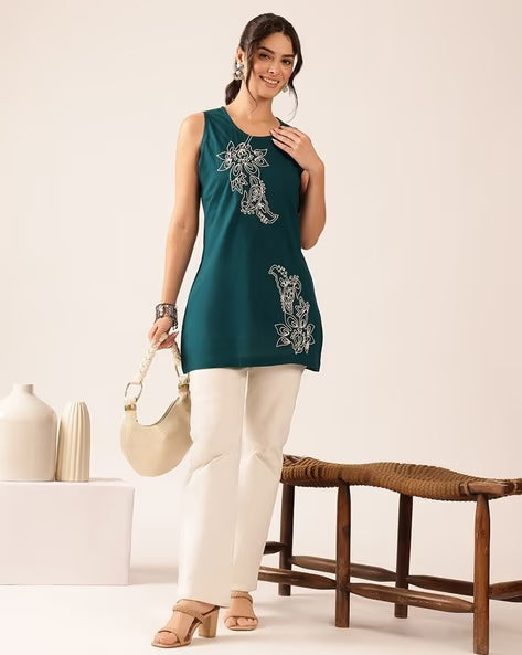 Women’s Teal Blue Embroidered Cotton Sleeveless Top