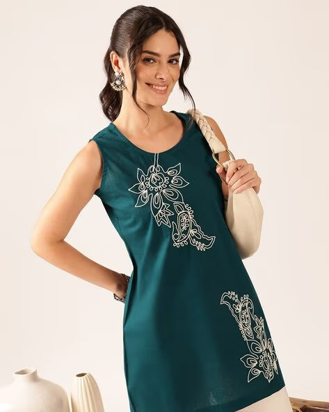 Women’s Teal Blue Embroidered Cotton Sleeveless Top