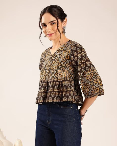 Women’s Mustard Yellow Printed Cotton Peplum Top