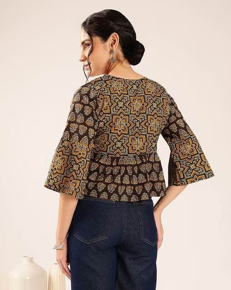 Women’s Mustard Yellow Printed Cotton Peplum Top