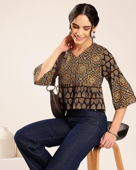 Women’s Mustard Yellow Printed Cotton Peplum Top