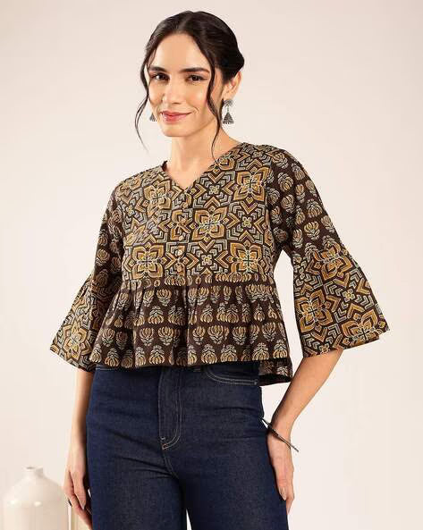 Women’s Mustard Yellow Printed Cotton Peplum Top